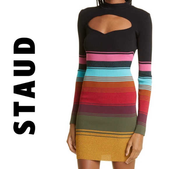 STAUD Dresses & Skirts - NWOT💕STAUD Clara Stripe Cutout Ribbed Long Sleeve Sweater Dress Size XS